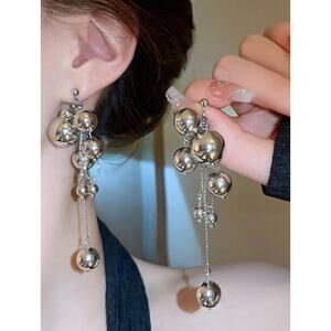 Silver Tone Statement Drop Earrings – Multi Ball Chain Dangle Earrings